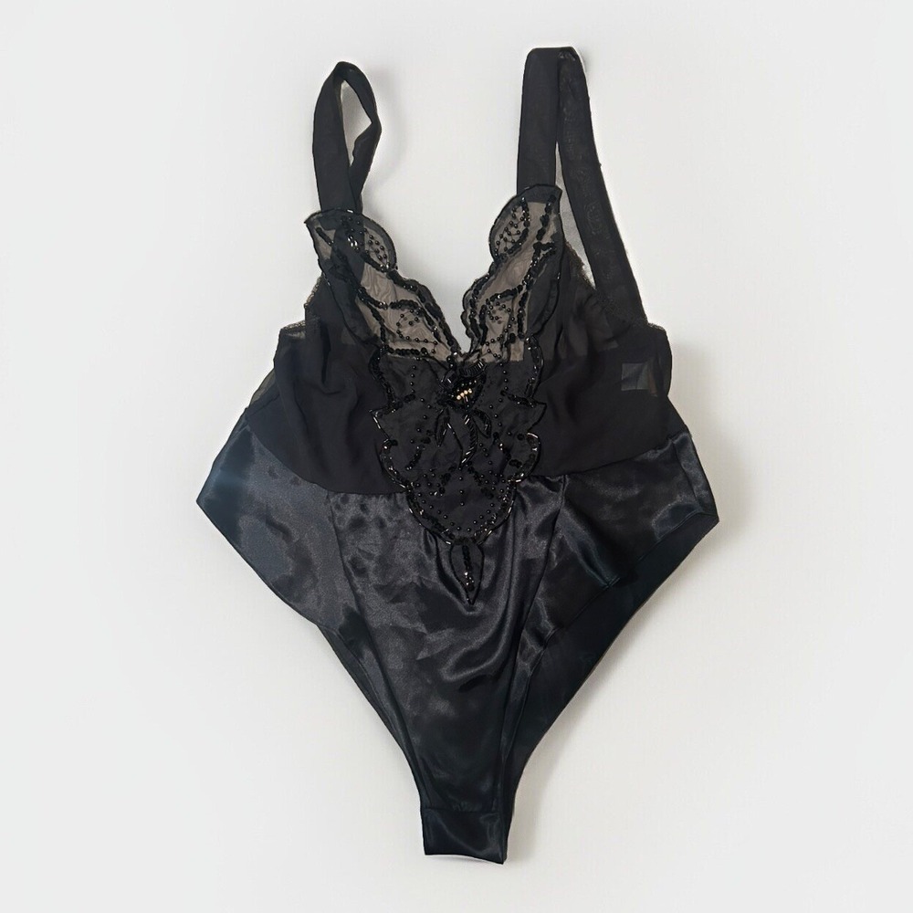 Vintage 80s Mara Black Sheer Satin Beaded‎ Teddy High Cut L Sequin Lingerie